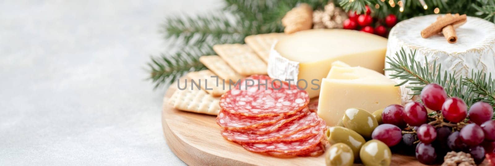 Christmas or New Year holiday charcuterie platter with cheeses, salami, grapes, olives on board, festive background, copy space, AI generated