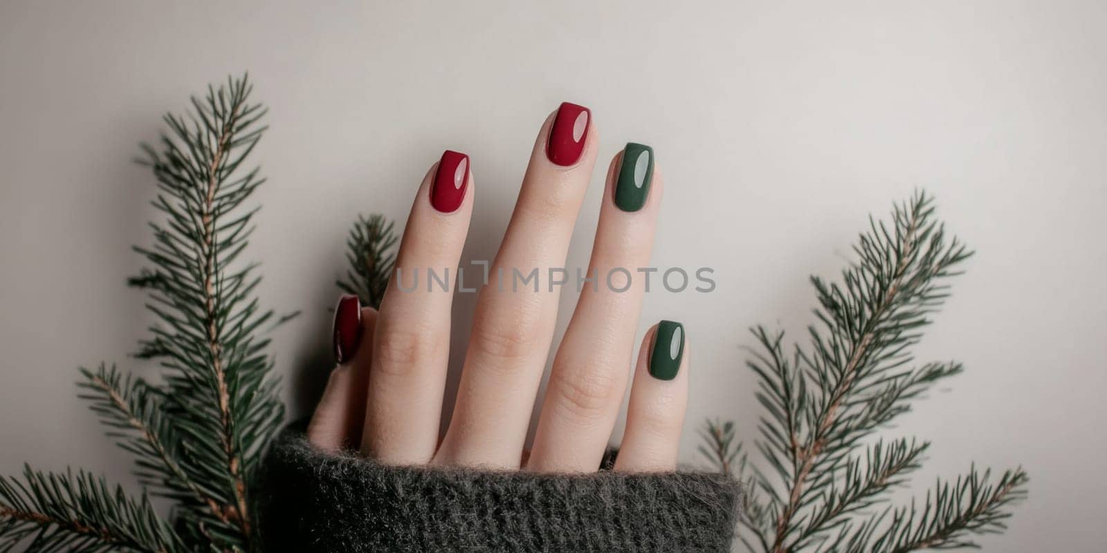 Creative Christmas female manicure with green nail polish and glitter detail, cozy winter theme, Christmas decoration background, AI Generated