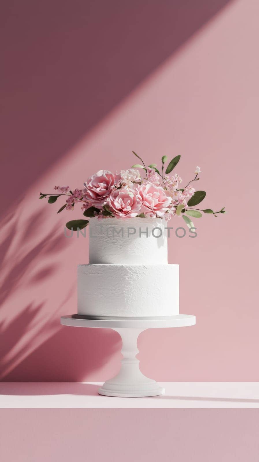 Wedding cake with beautiful flowers on solid pastel color background, copy space, AI Generated
