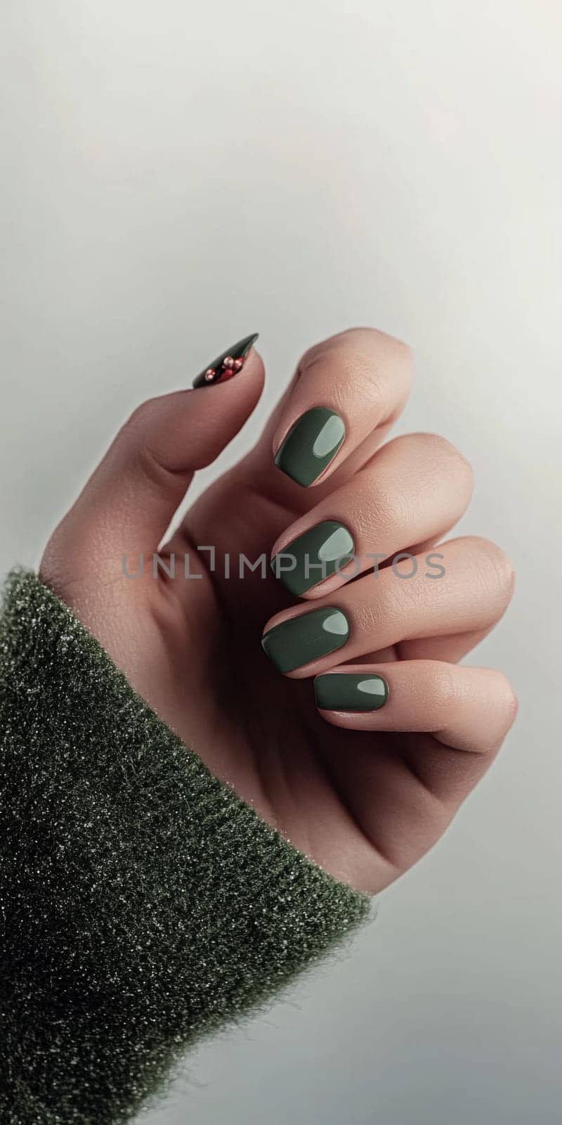 Creative Christmas female manicure with green nail polish and glitter detail, cozy winter theme, Christmas decoration background, AI Generated