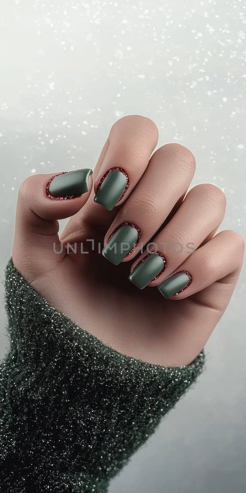 Creative Christmas female manicure with green nail polish and glitter detail, cozy winter theme, Christmas decoration background, AI Generated