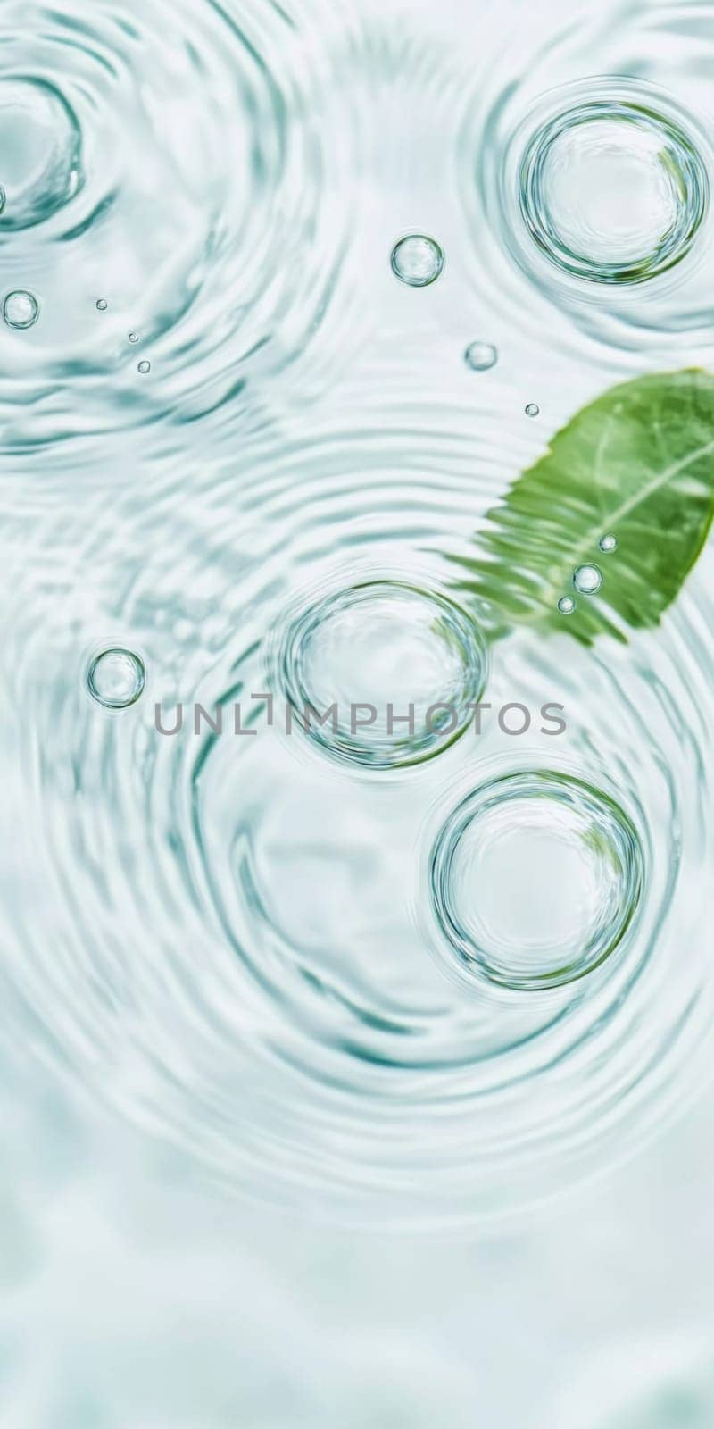 A green leaf floating on water showing ripples and bubbles, suitable as SPA background, AI generated