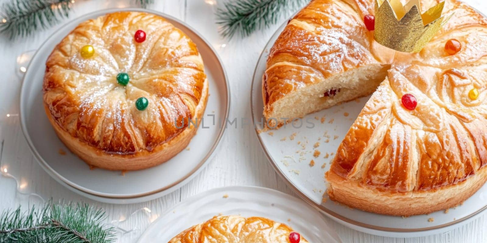 Three kings holiday festive cake topped with golden paper crown on a table, background, AI generated