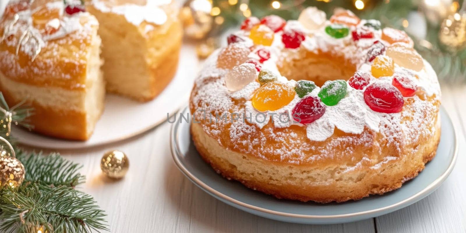 Three kings holiday festive fruitcake topped with colorful candied fruits on a table, background, AI generated