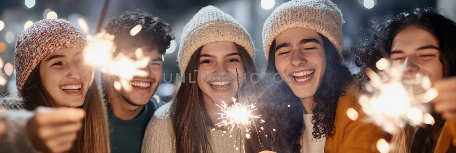 Group of young adults celebrating New Year with sparklers outdoors, joyful winter scene, AI generated