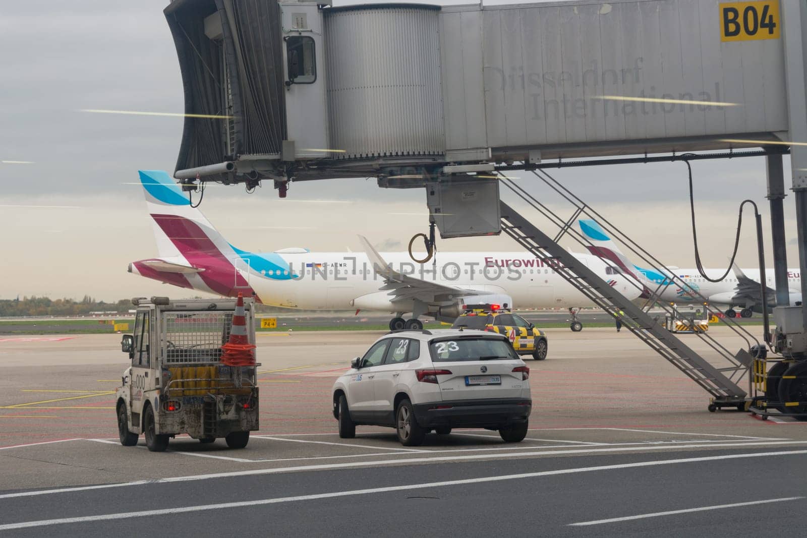 DUESSELDORF, NRW, GERMANY - NOVEMBER 11, 2019: Duesseldorf, Nrw, Germany - November 11, 2019: Dusseldorf International Airport. German passenger aircraft from Gerwing. are on the airfield.