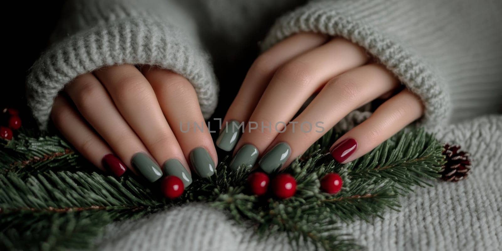 Creative Christmas female manicure with green nail polish and glitter detail, cozy winter theme, Christmas decoration background, AI Generated