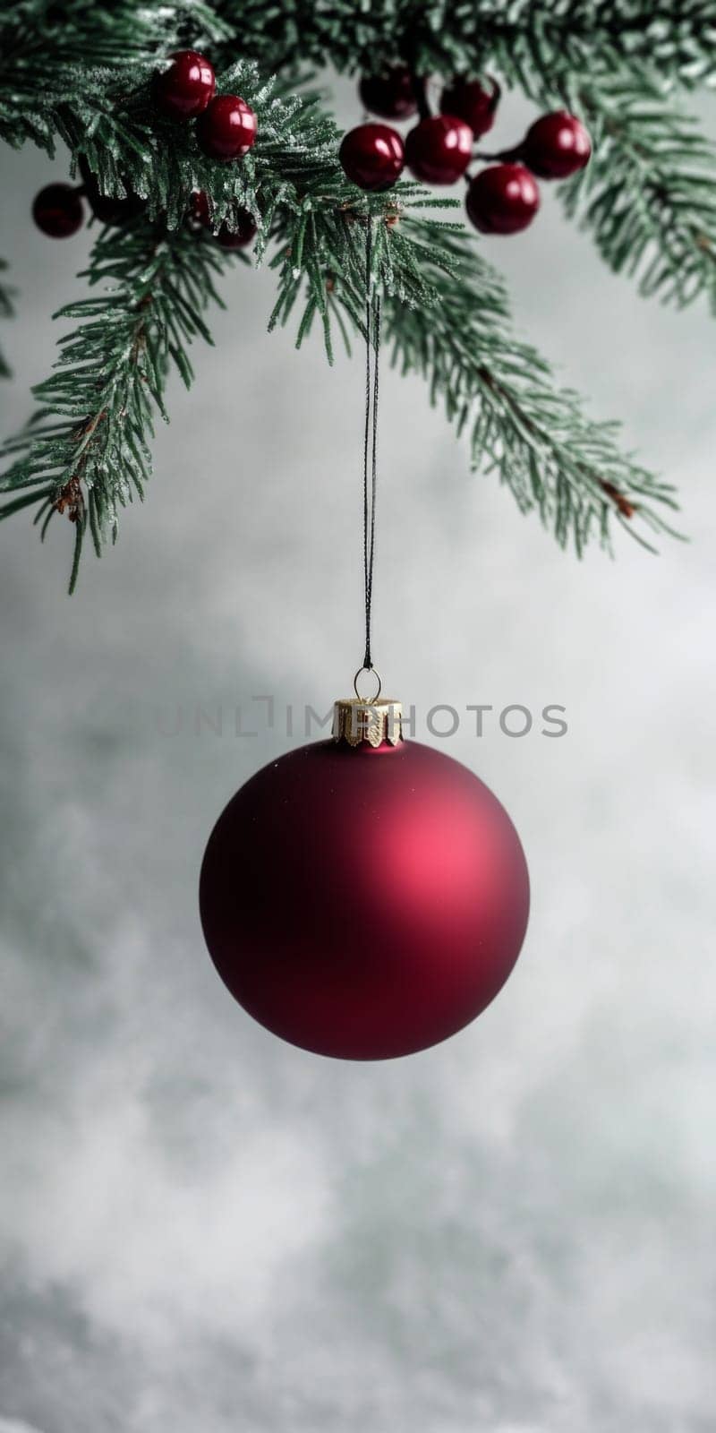 Red Christmas ornament hanging from Christmas tree branch, suitable for holiday backgrounds, AI generated