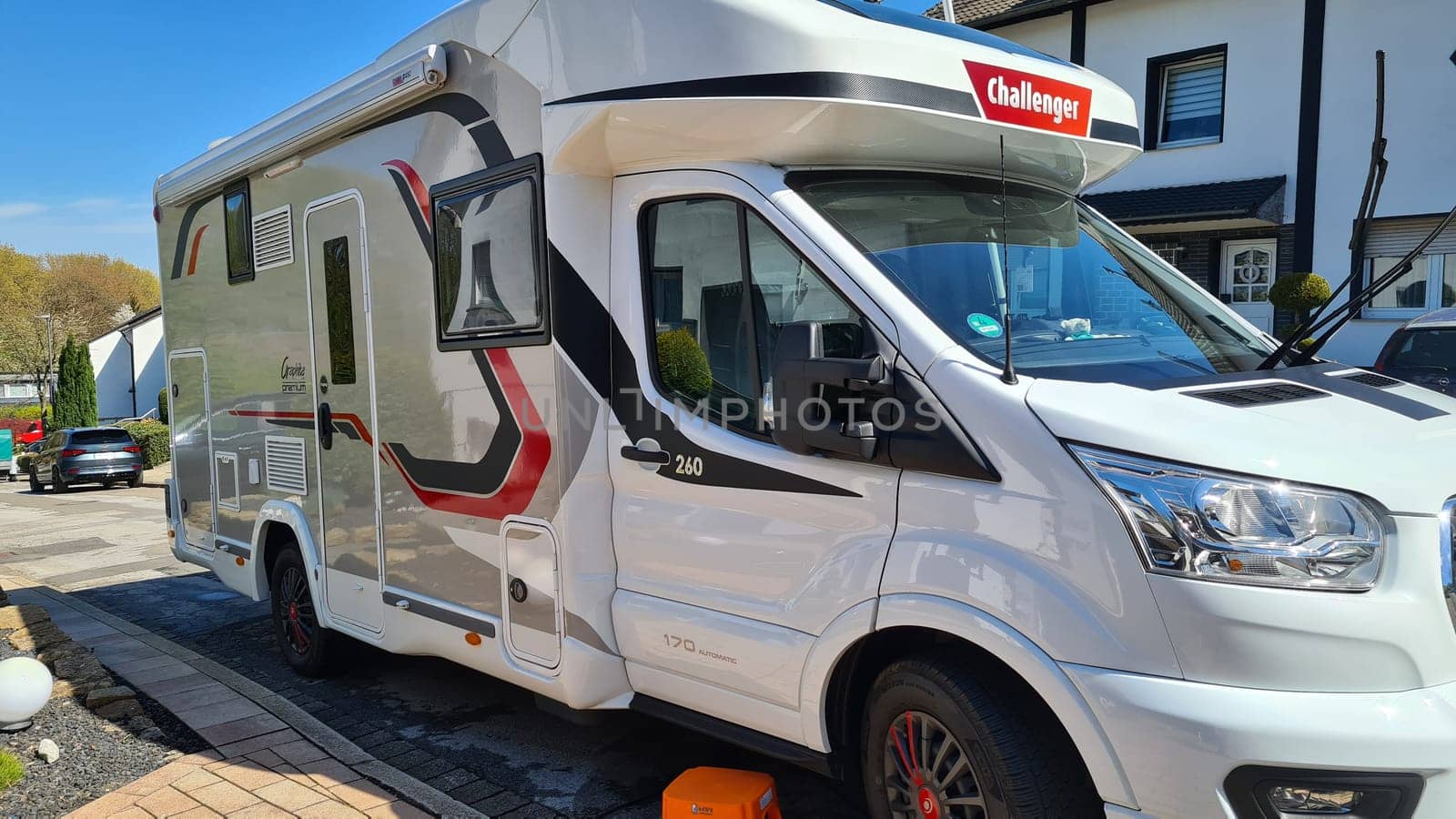 HEILIGENHAUS, NRW, GERMANY - APRIL 19, 2022: Heiligenhaus, Nrw, Germany - April 19, 2022: Motorhomes and campers for sale or rent. Concept freedom, family holiday travel, vacation travel with camper.