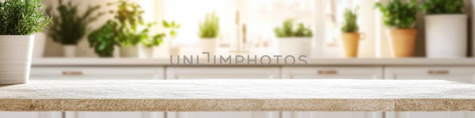 Empty stone table in bright home interior with large windows, banner mockup background with copy space, AI Generated