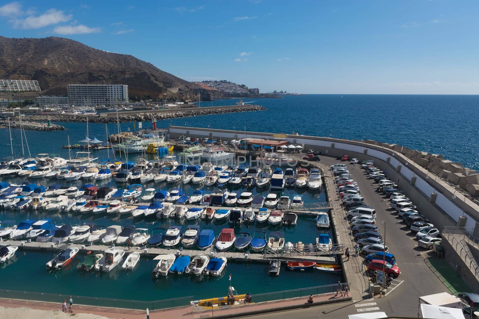CRAN CANARIA, PUERTO RICO - NOVEMBER 16, 2019: Cran Canaria, Puerto Rico, Spain - November 16, 2019: Marina in Puerto Rico de Gran Canaria. Postcard, spain.