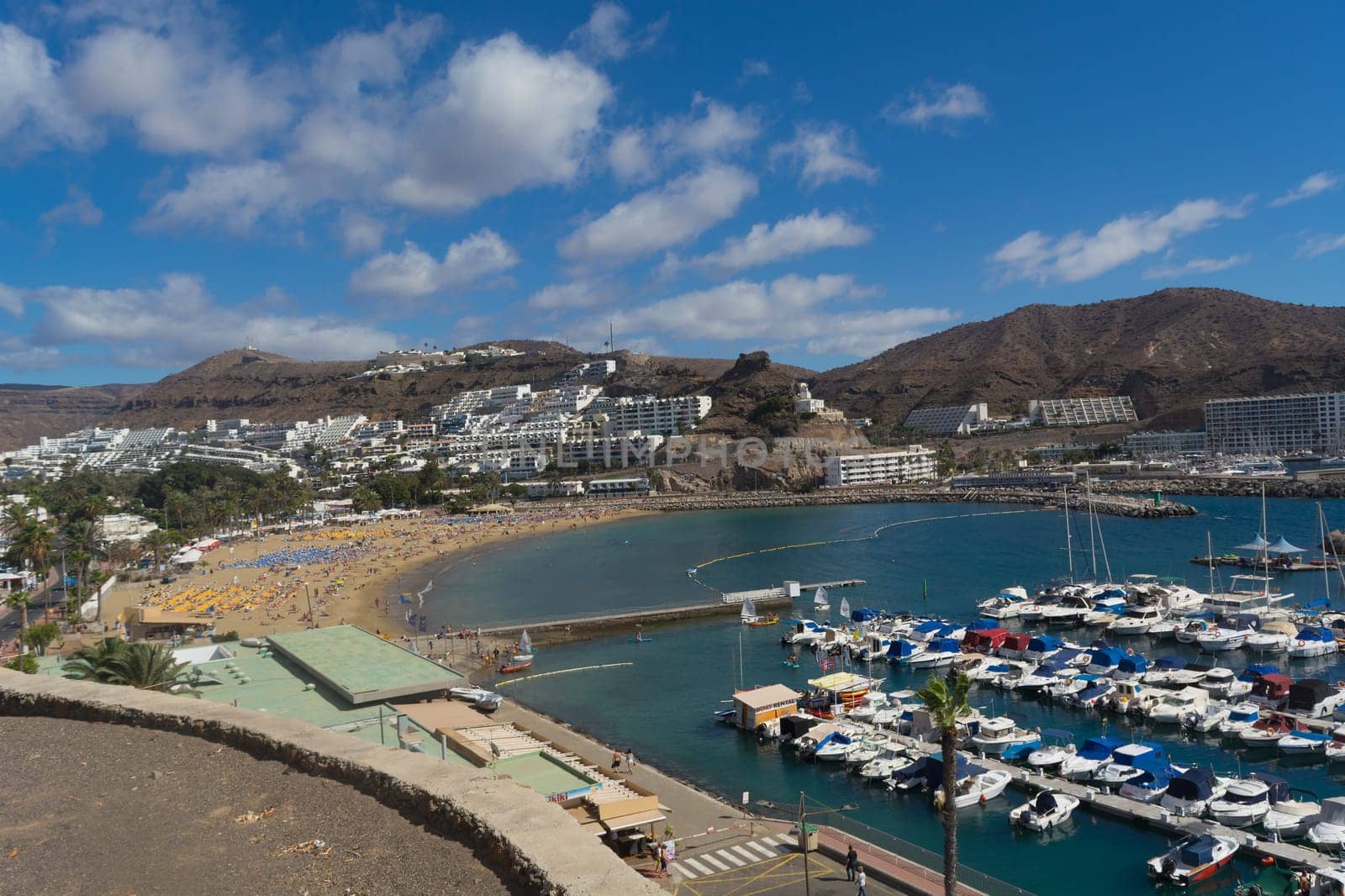 CRAN CANARIA, PUERTO RICO - NOVEMBER 16, 2019: Cran Canaria, Puerto Rico, Spain - November 16, 2019: Marina in Puerto Rico de Gran Canaria. Postcard, spain.