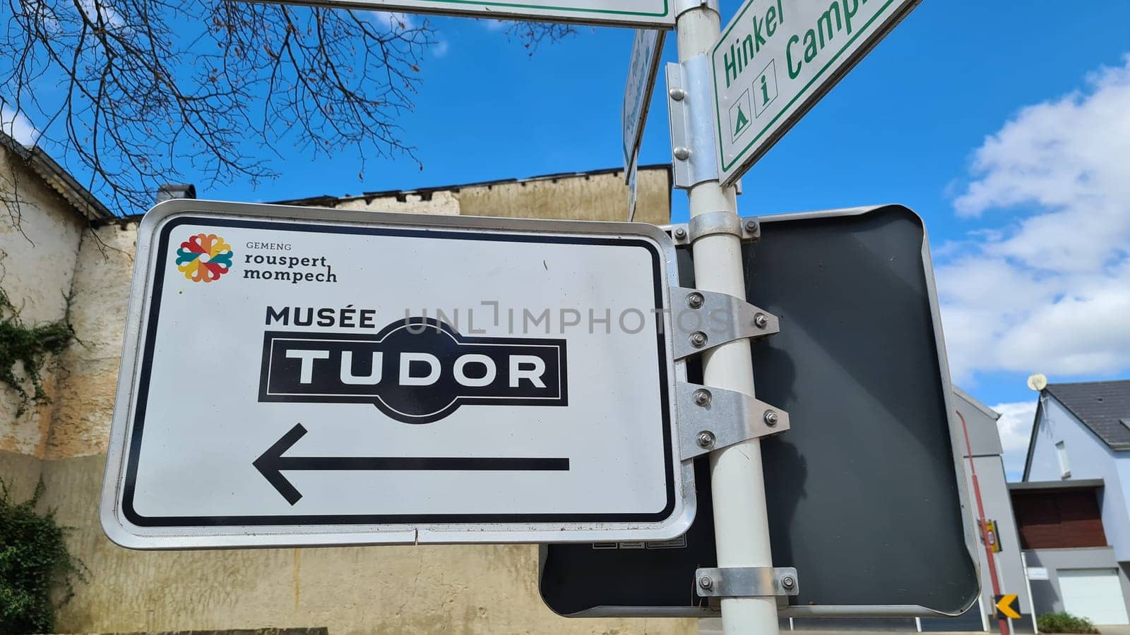 ROSPORT, LUXEMBOURG - APRIL 16, 2022: Rosport, Luxembourg - April 16, 2022: Tudor Museum, Rosport Castle, is located in the small town of Rosport in Luxembourg
