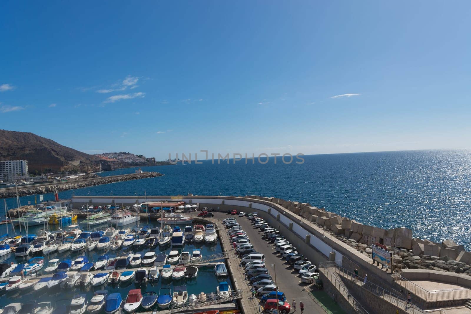 CRAN CANARIA, PUERTO RICO - NOVEMBER 16, 2019: Cran Canaria, Puerto Rico, Spain - November 16, 2019: Marina in Puerto Rico de Gran Canaria. Postcard, spain.