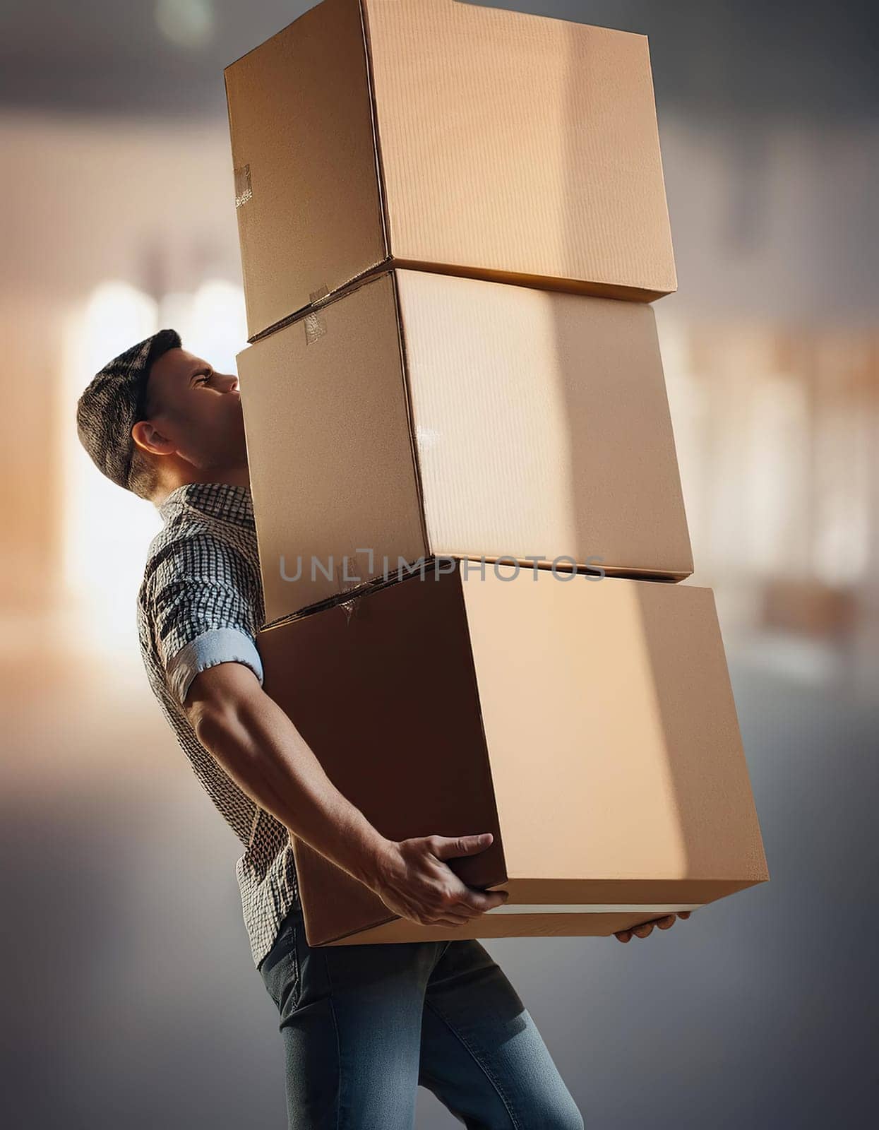 Overloaded guy carrying a lot of big heavy boxes. Packing stuff and moving concept
