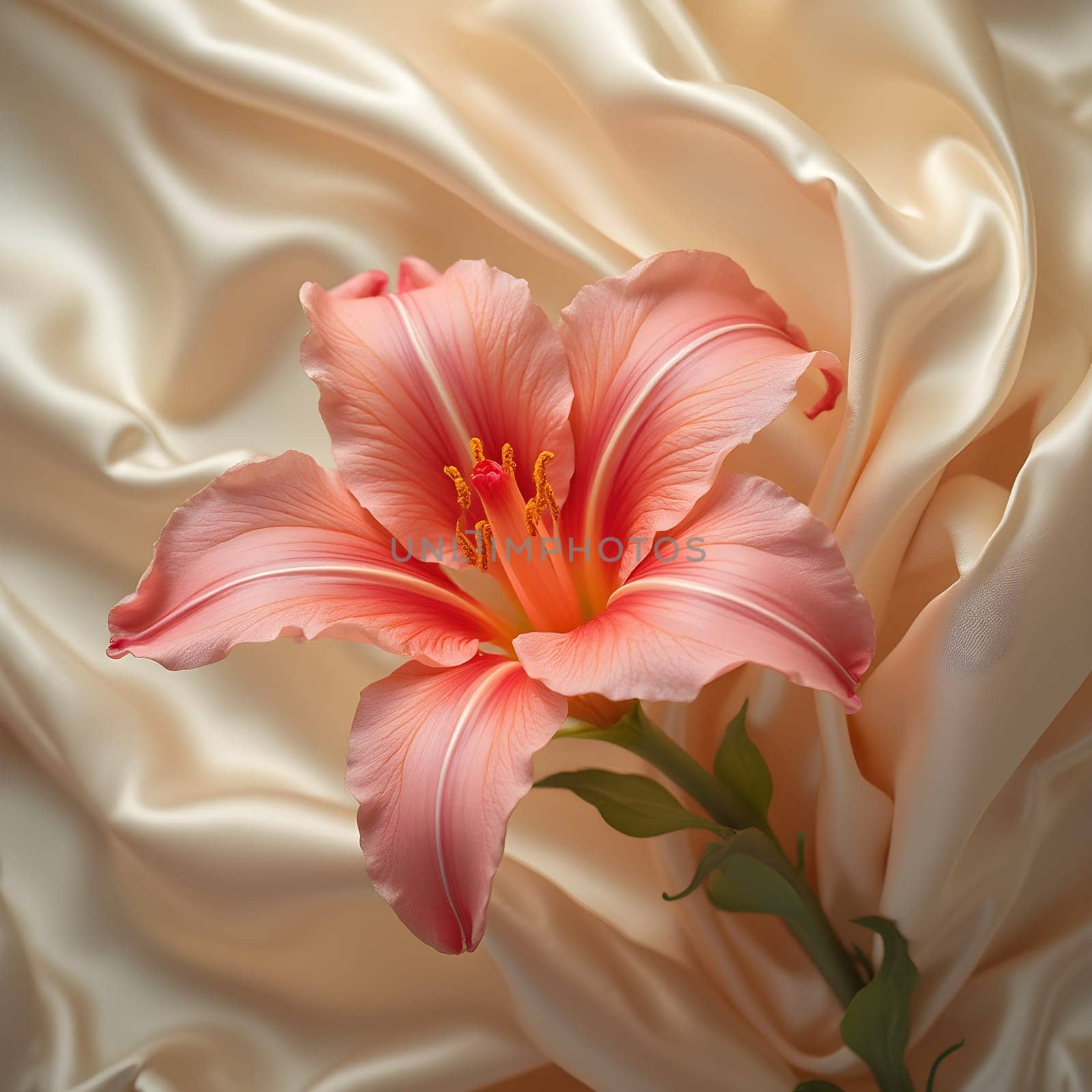 A vibrant tuberose stands out against a flowing silk backdrop, softly blurred with gentle creamy tones creating a serene ambiance.