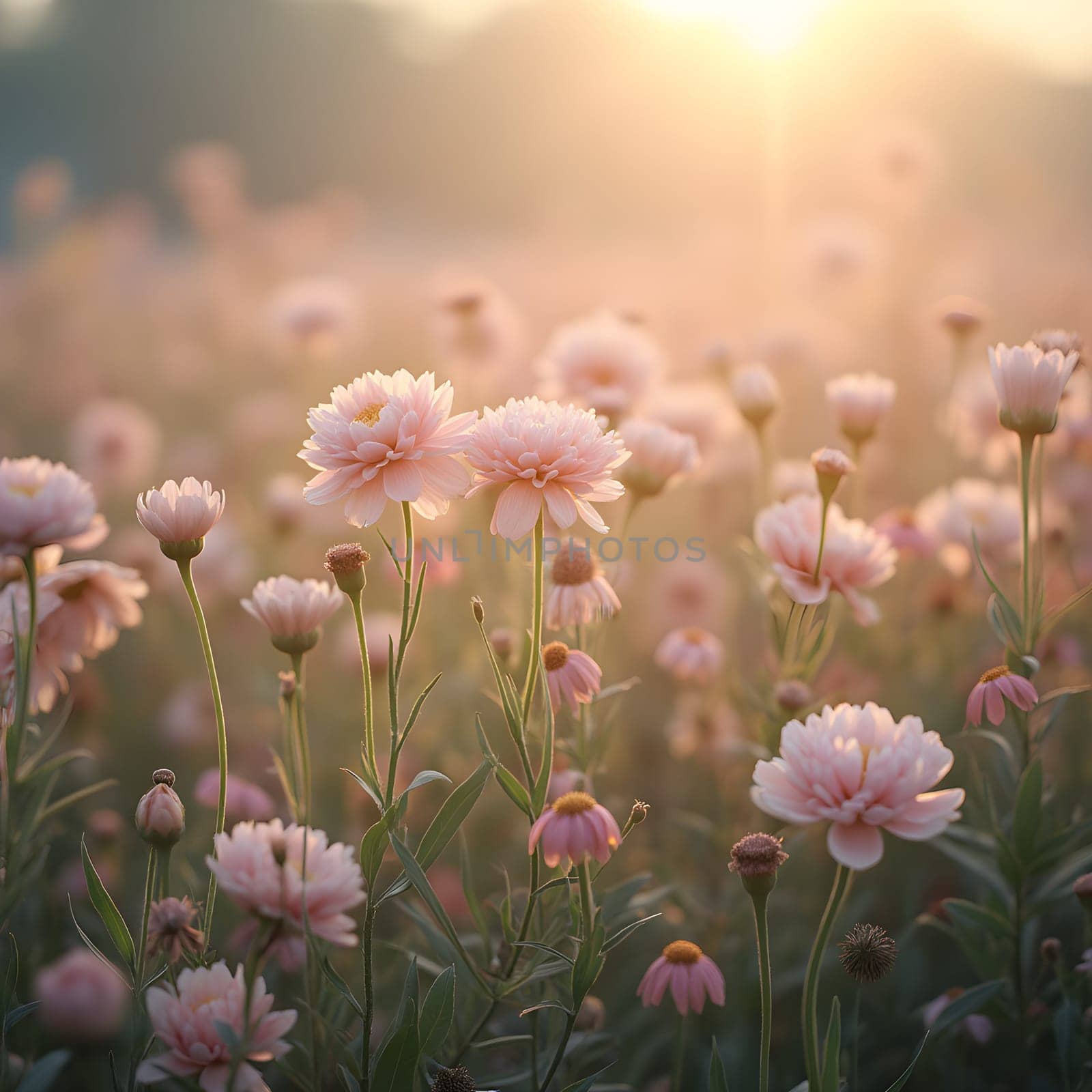 A field of delicate blooming flowers glows softly in pastel hues, bathed in the warm, gentle light of morning.
