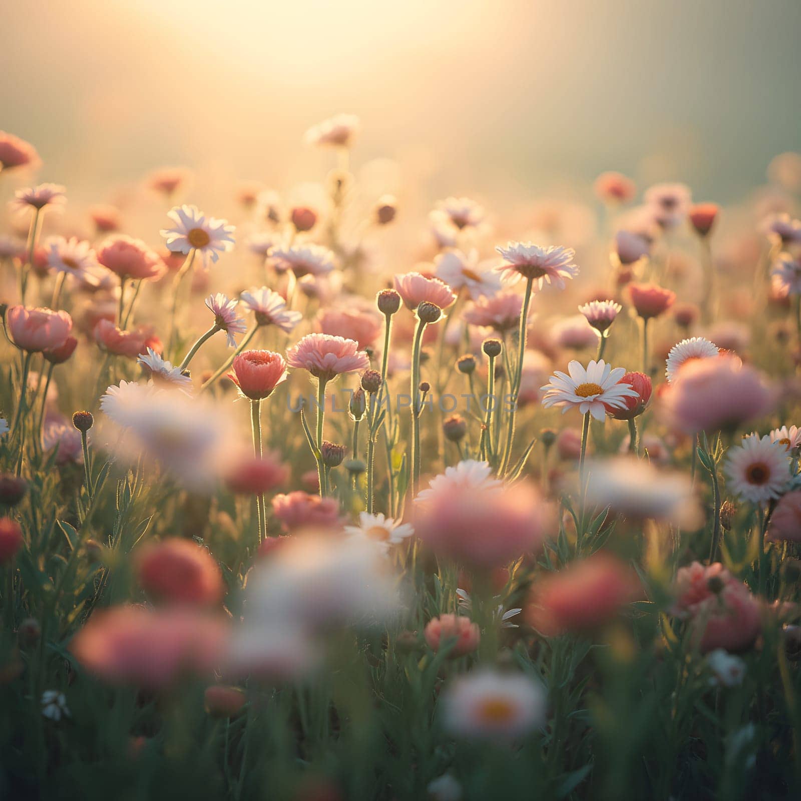 A field of delicate blooming flowers glows softly in pastel hues, bathed in the warm, gentle light of morning.