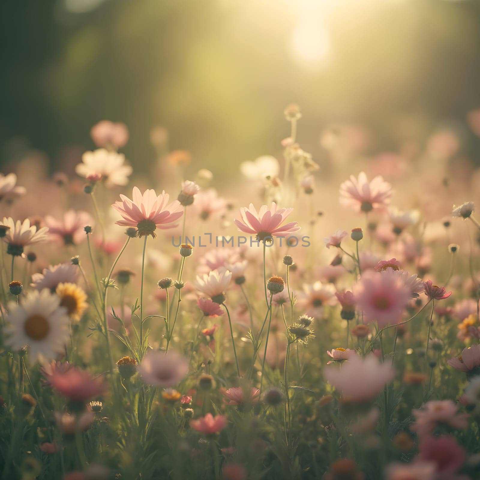 A field of delicate blooming flowers glows softly in pastel hues, bathed in the warm, gentle light of morning.