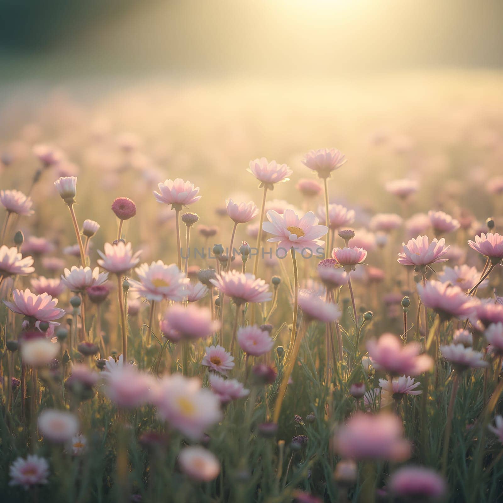 A field of delicate blooming flowers glows softly in pastel hues, bathed in the warm, gentle light of morning.
