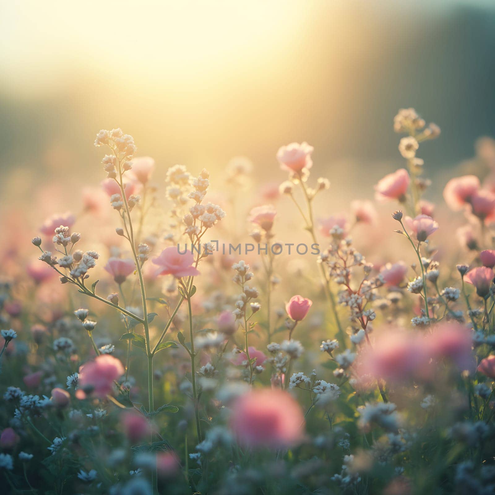 A field of delicate blooming flowers glows softly in pastel hues, bathed in the warm, gentle light of morning.