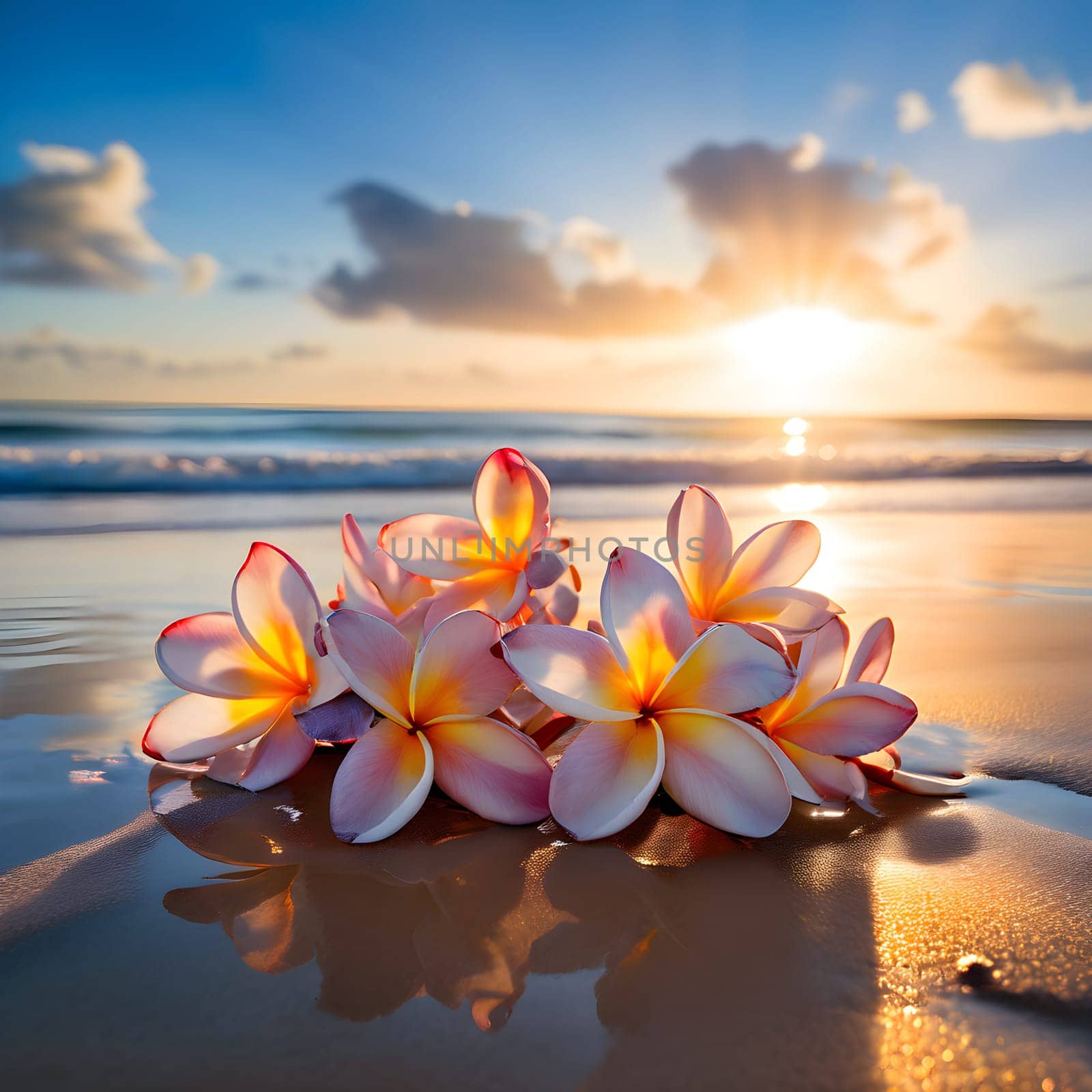 A serene beach scene featuring a cluster of frangipani flowers resting on the sand, their petals glowing under warm sunlight.