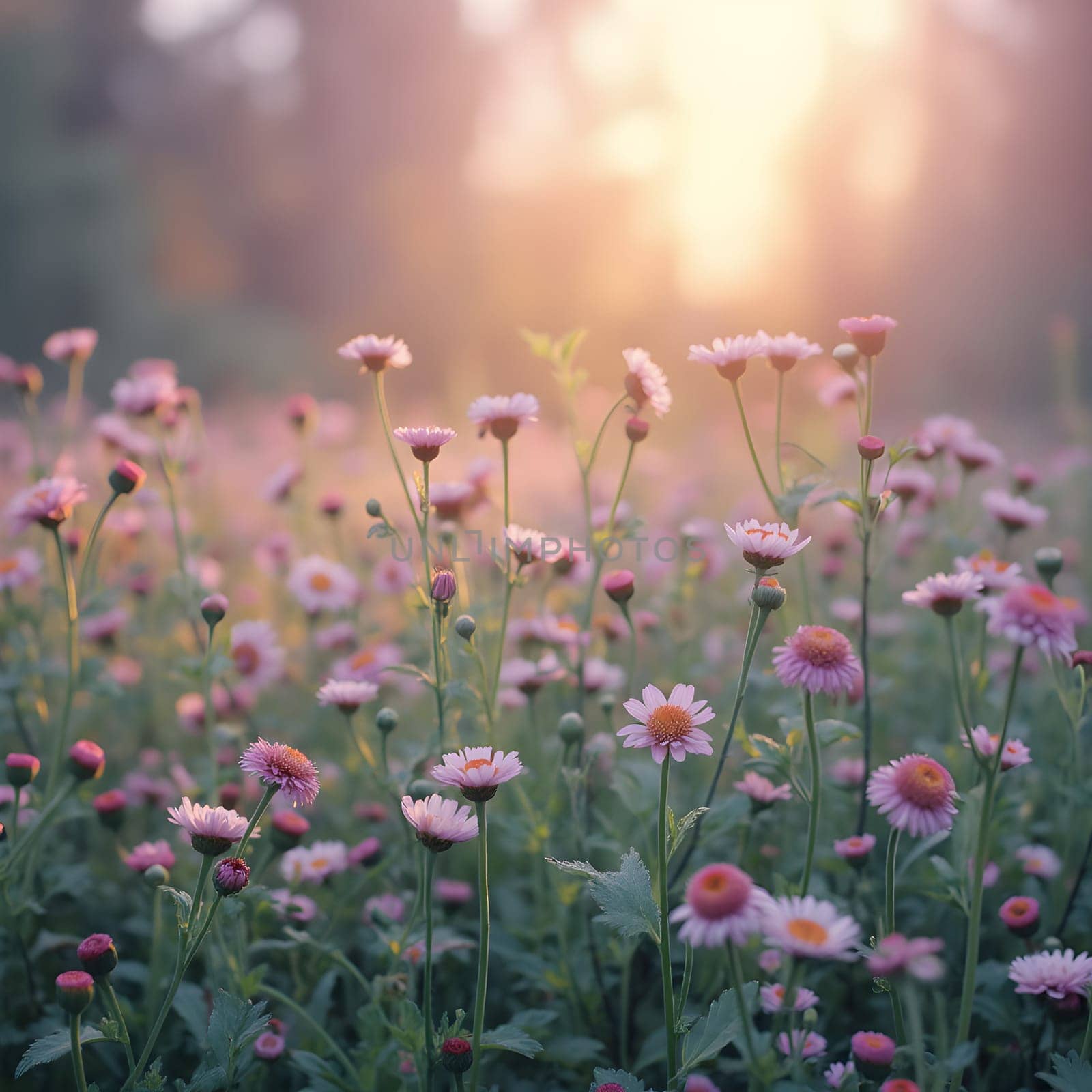 A field of delicate blooming flowers glows softly in pastel hues, bathed in the warm, gentle light of morning.