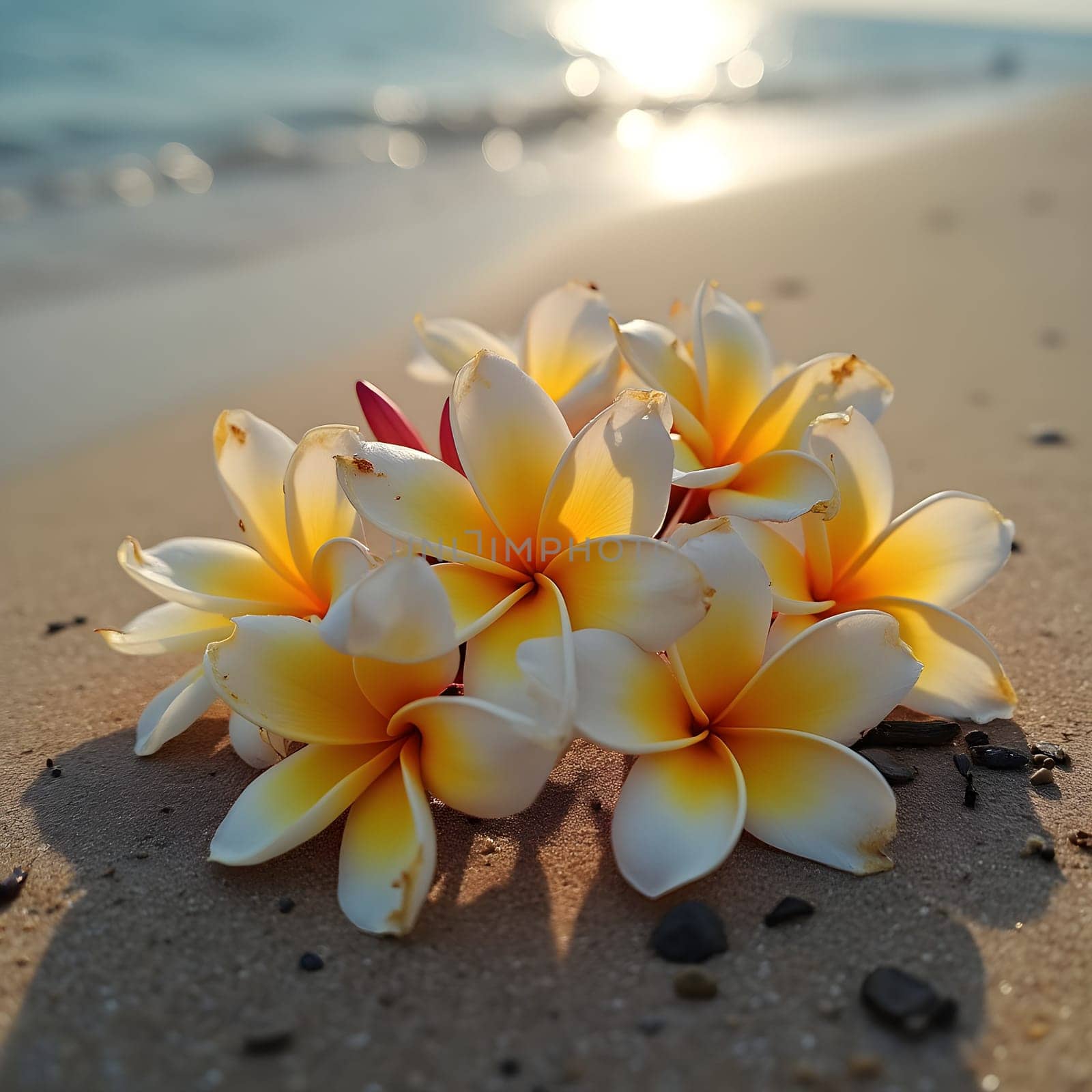 A serene beach scene featuring a cluster of frangipani flowers resting on the sand, their petals glowing under warm sunlight.