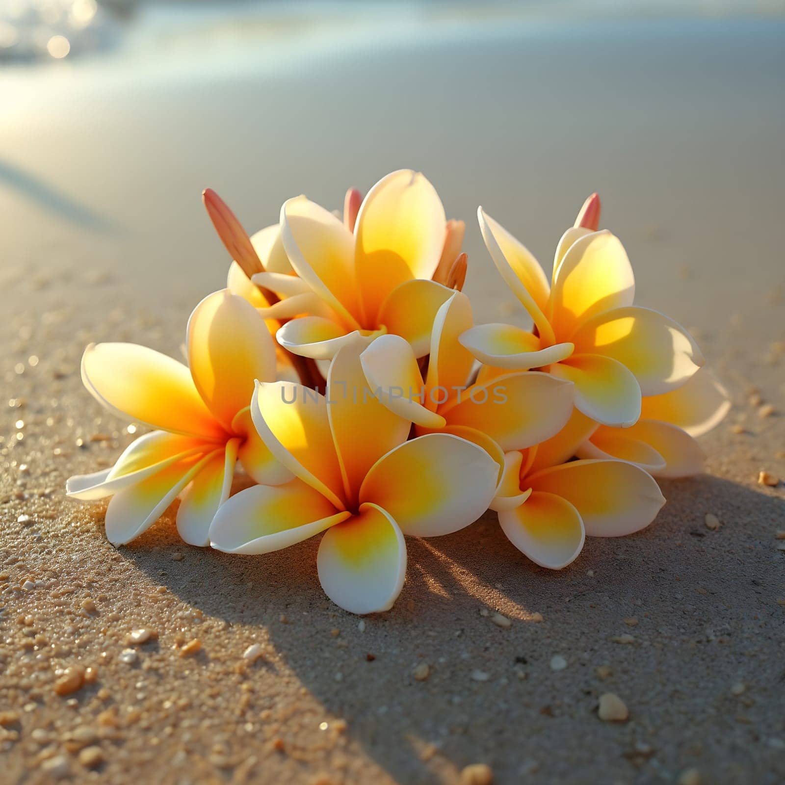 A serene beach scene featuring a cluster of frangipani flowers resting on the sand, their petals glowing under warm sunlight.