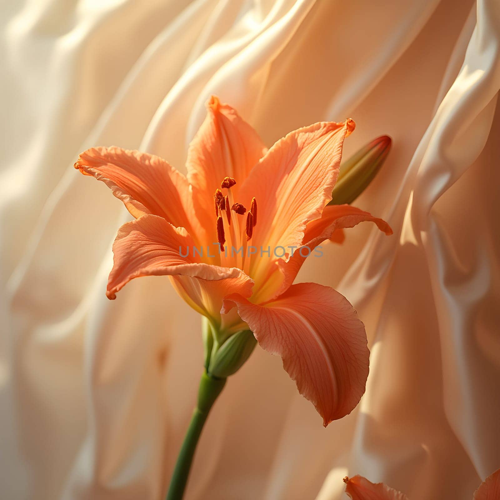 A vibrant tuberose stands out against a flowing silk backdrop, softly blurred with gentle creamy tones creating a serene ambiance.