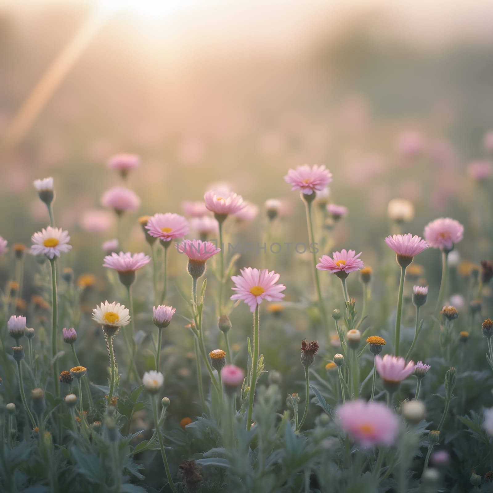 A field of delicate blooming flowers glows softly in pastel hues, bathed in the warm, gentle light of morning.