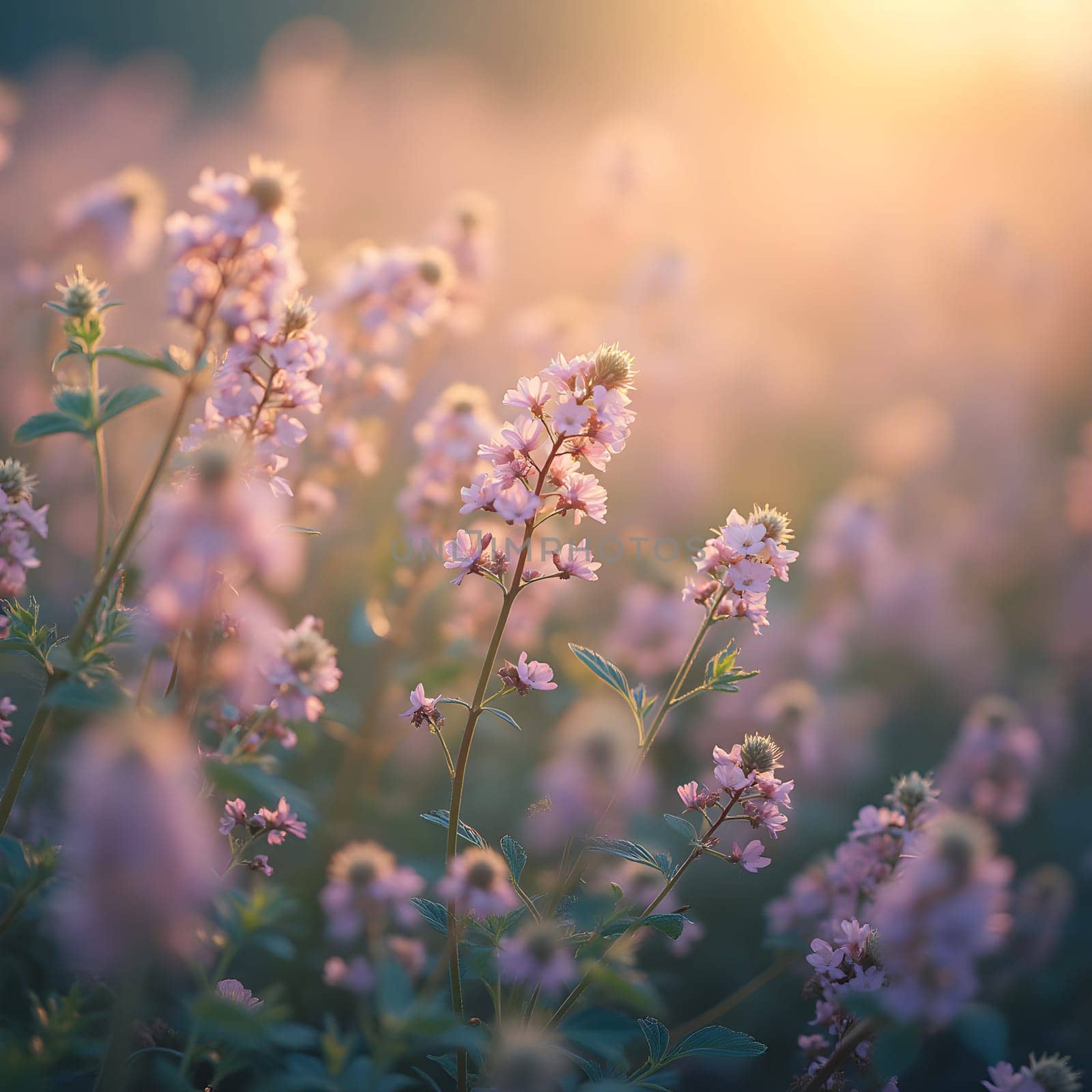 A field of delicate blooming flowers glows softly in pastel hues, bathed in the warm, gentle light of morning.