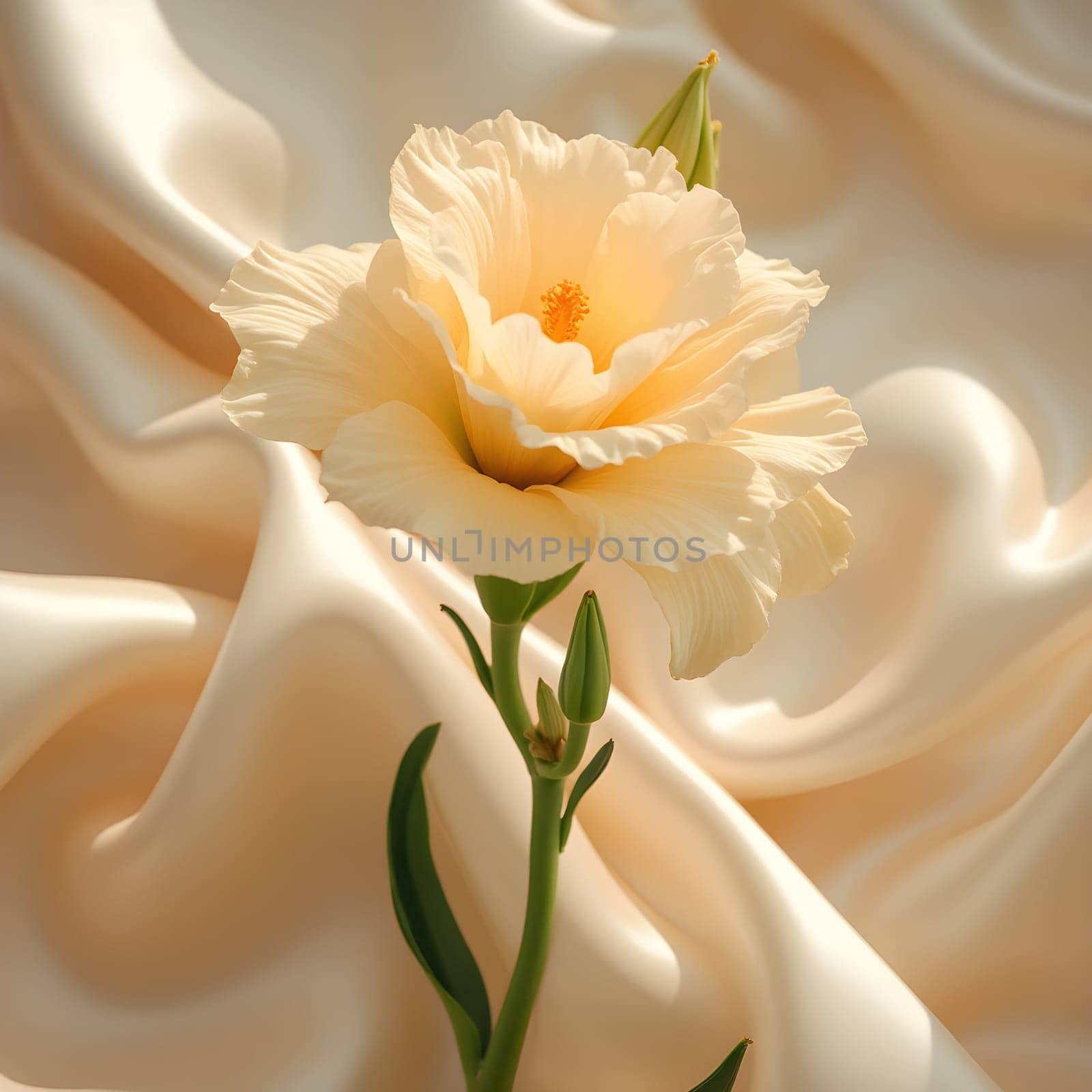 A vibrant tuberose stands out against a flowing silk backdrop, softly blurred with gentle creamy tones creating a serene ambiance.