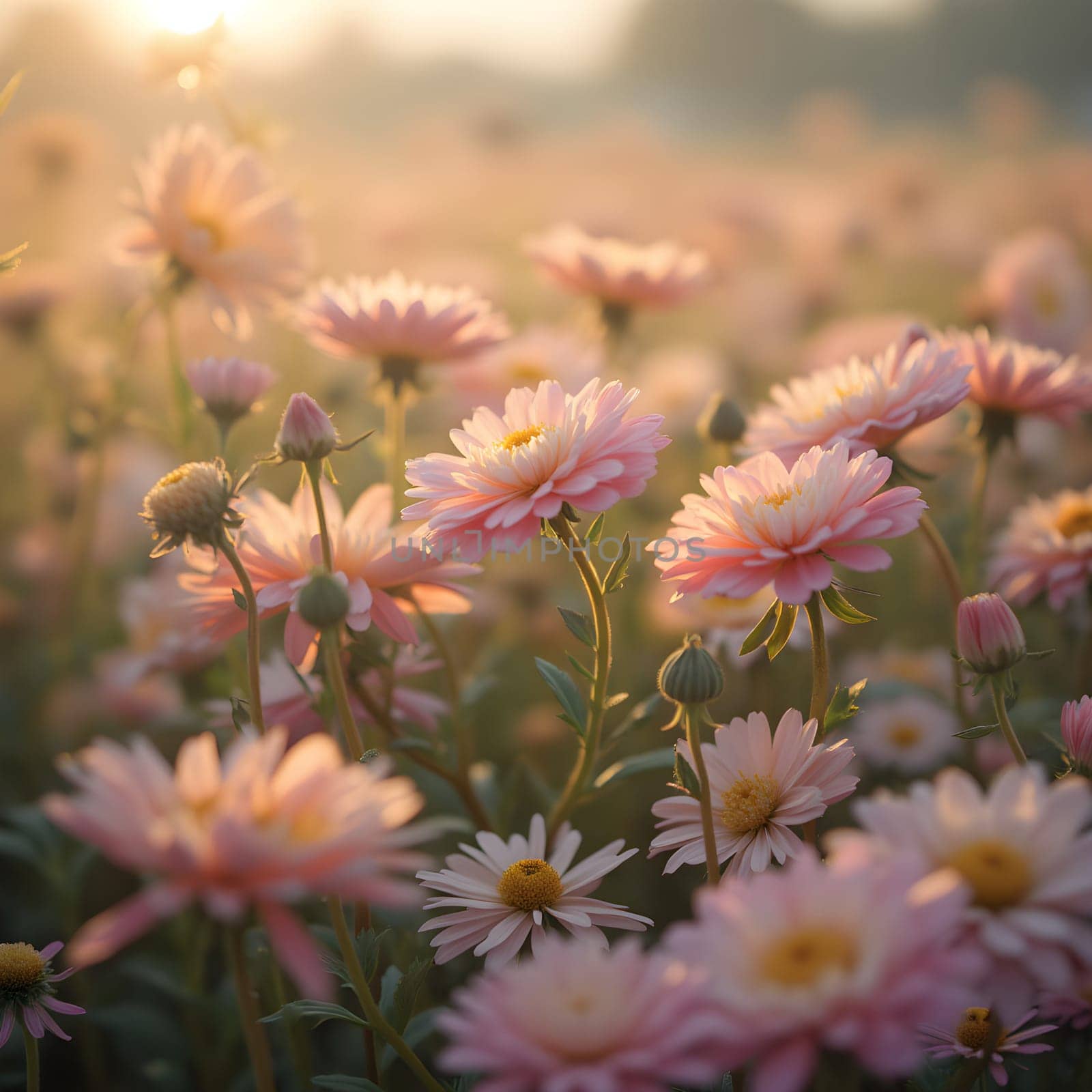 A field of delicate blooming flowers glows softly in pastel hues, bathed in the warm, gentle light of morning.
