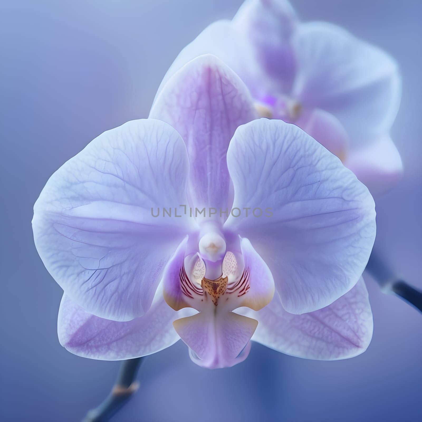 A close-up of a delicate orchid with lavender petals, showcasing its intricate textures against a softly blurred, cool background.