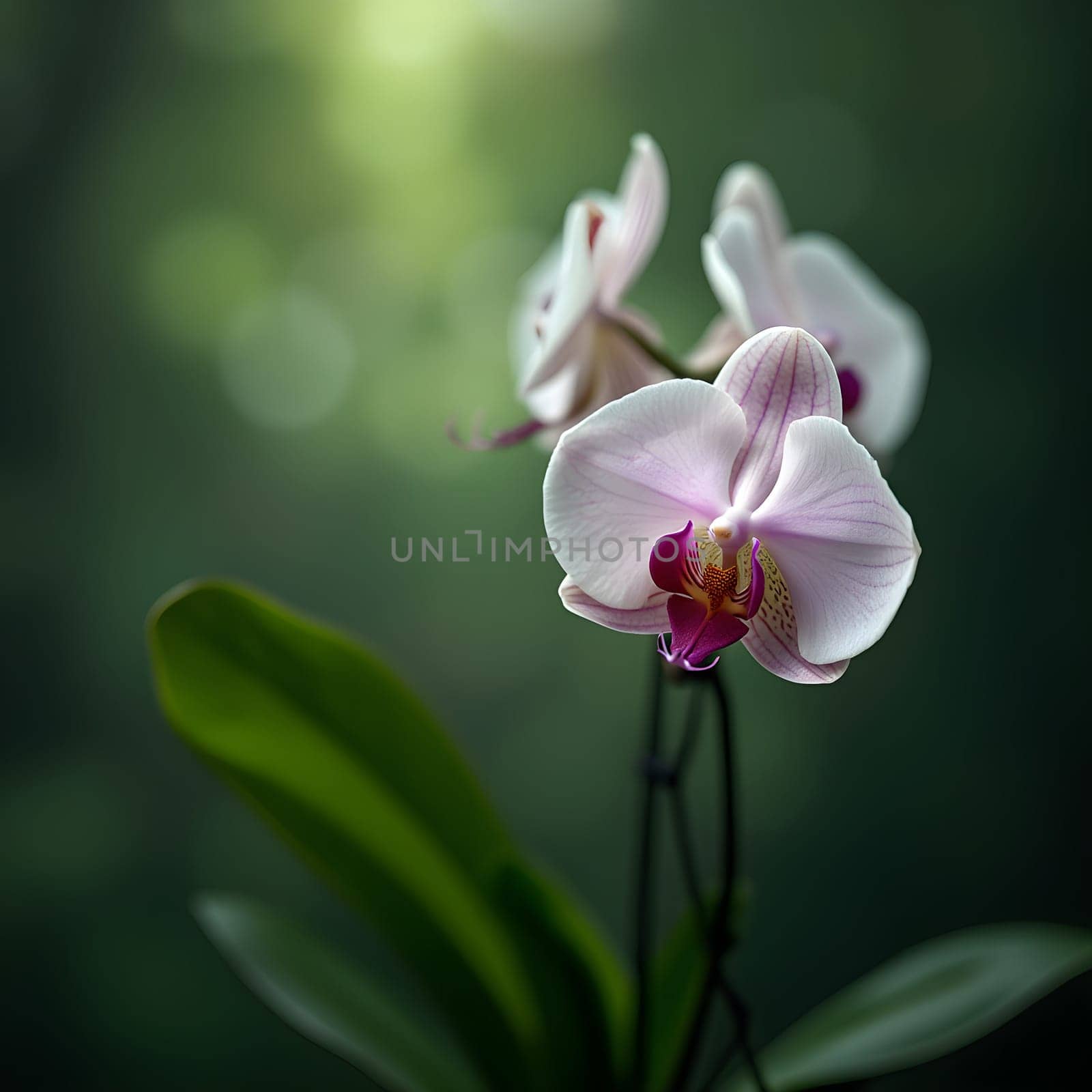An orchid stands in gentle focus, bathed in soft light, surrounded by a calming, glowing green background.