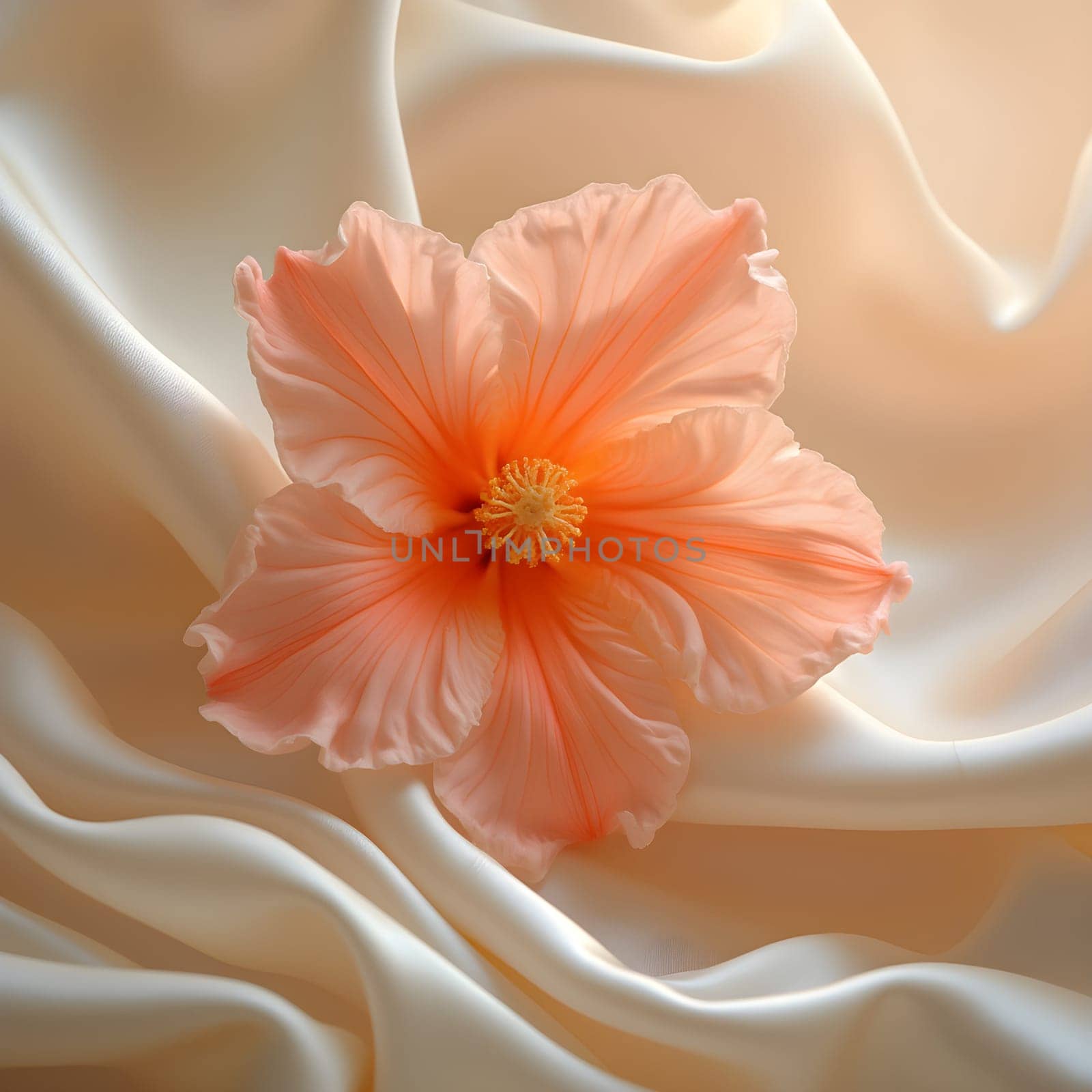 A vibrant tuberose stands out against a flowing silk backdrop, softly blurred with gentle creamy tones creating a serene ambiance.
