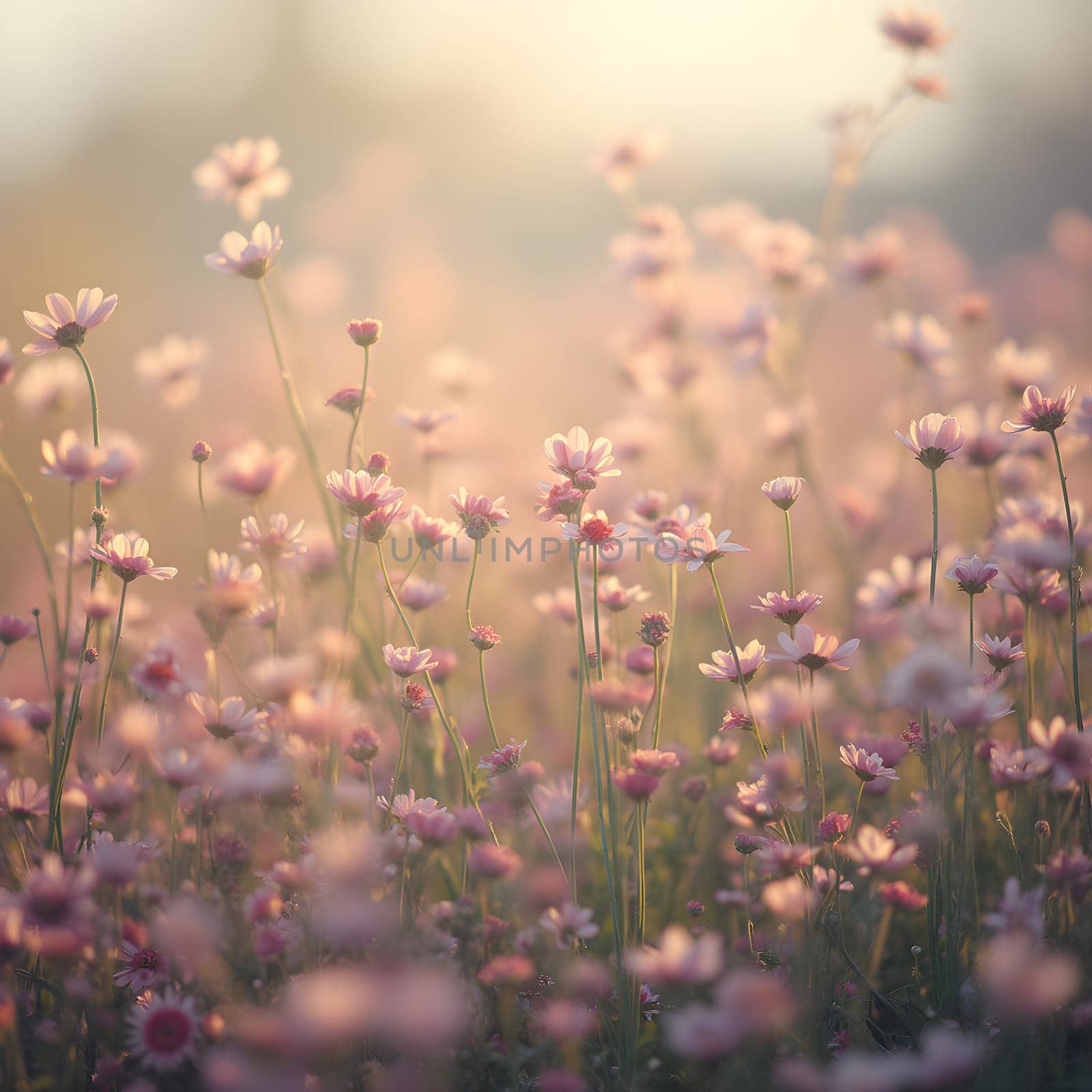 A field of delicate blooming flowers glows softly in pastel hues, bathed in the warm, gentle light of morning.