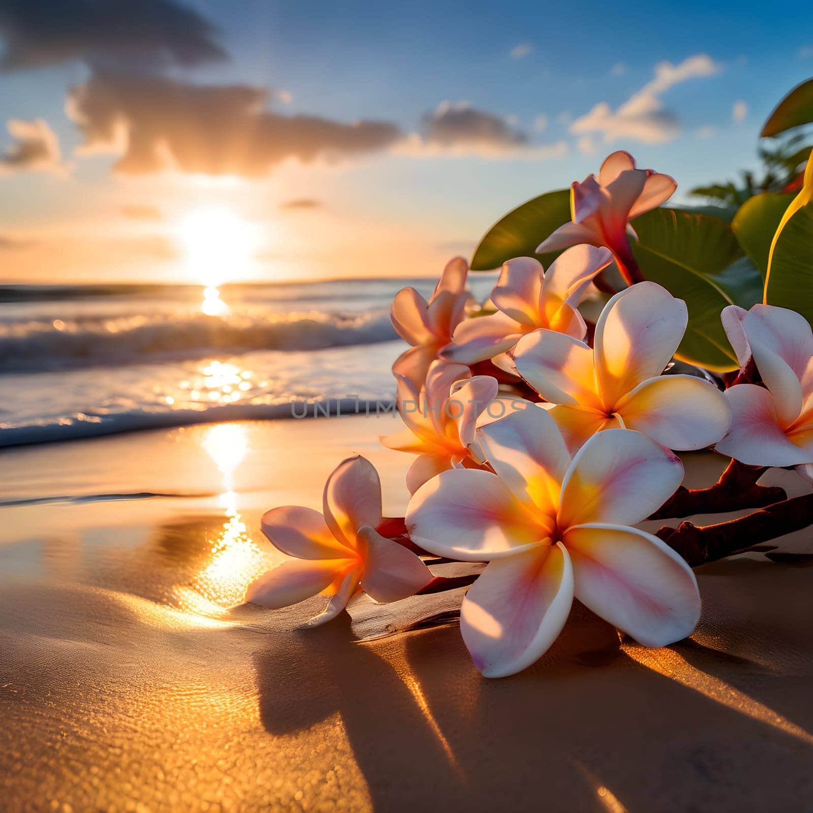 A serene beach scene featuring a cluster of frangipani flowers resting on the sand, their petals glowing under warm sunlight.