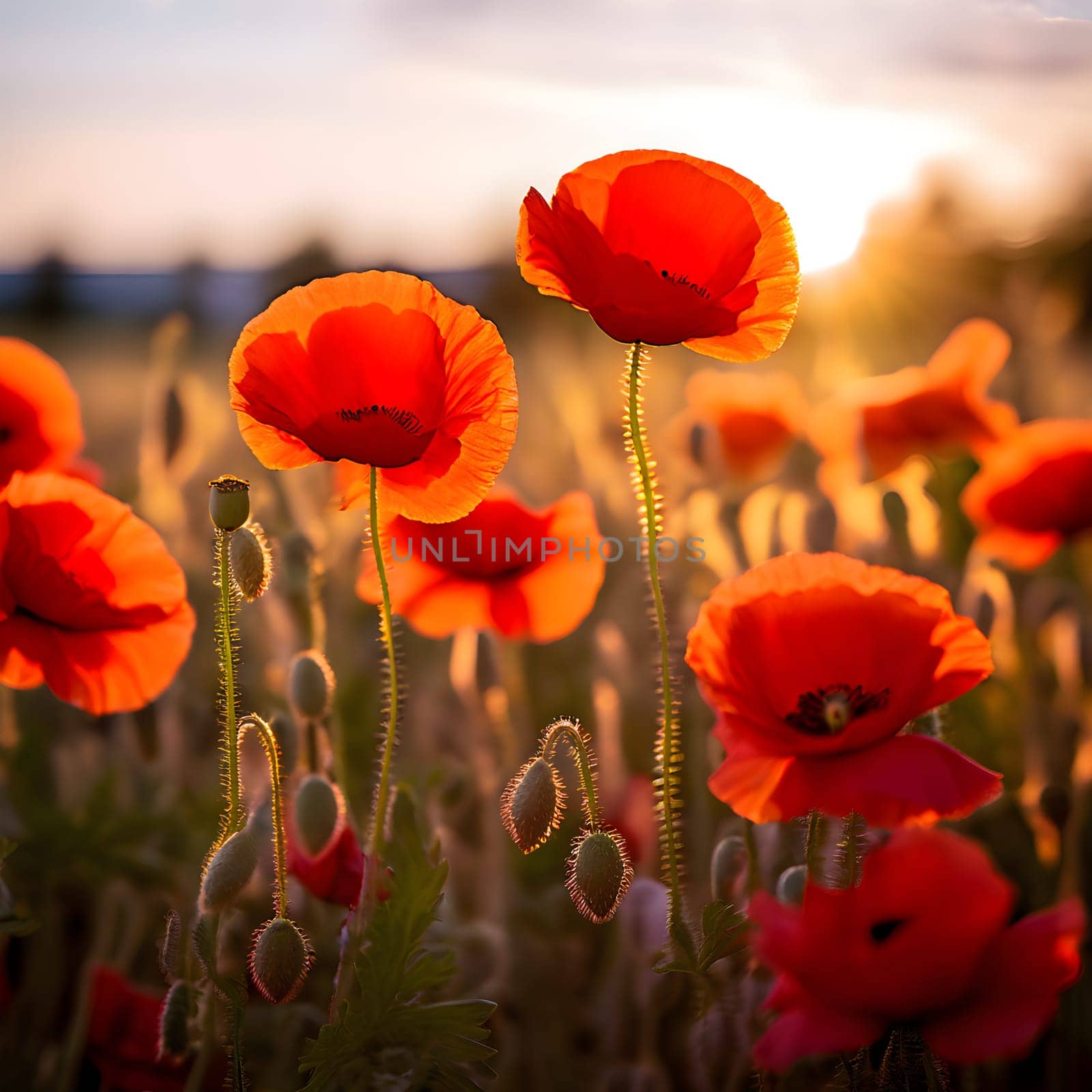 A tranquil field of vibrant red poppies, their vivid hues softened by shallow depth of field and bathed in golden light.