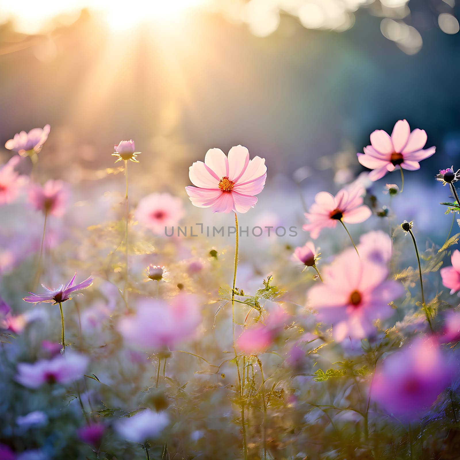 A field of delicate blooming flowers glows softly in pastel hues, bathed in the warm, gentle light of morning.