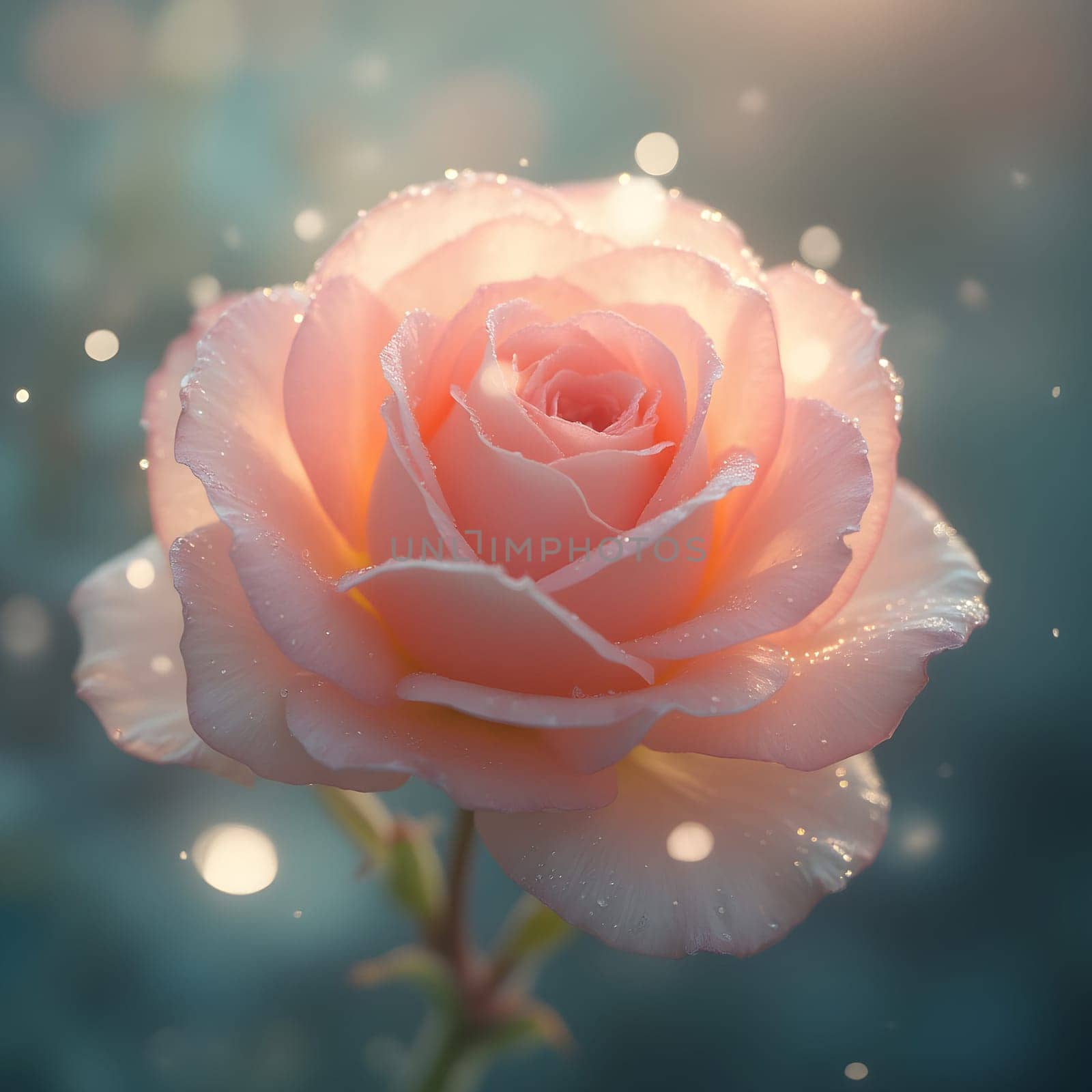 A fully bloomed rose glistens with morning dew, bathed in soft pastel light, creating an ethereal, dreamy, and serene atmosphere.