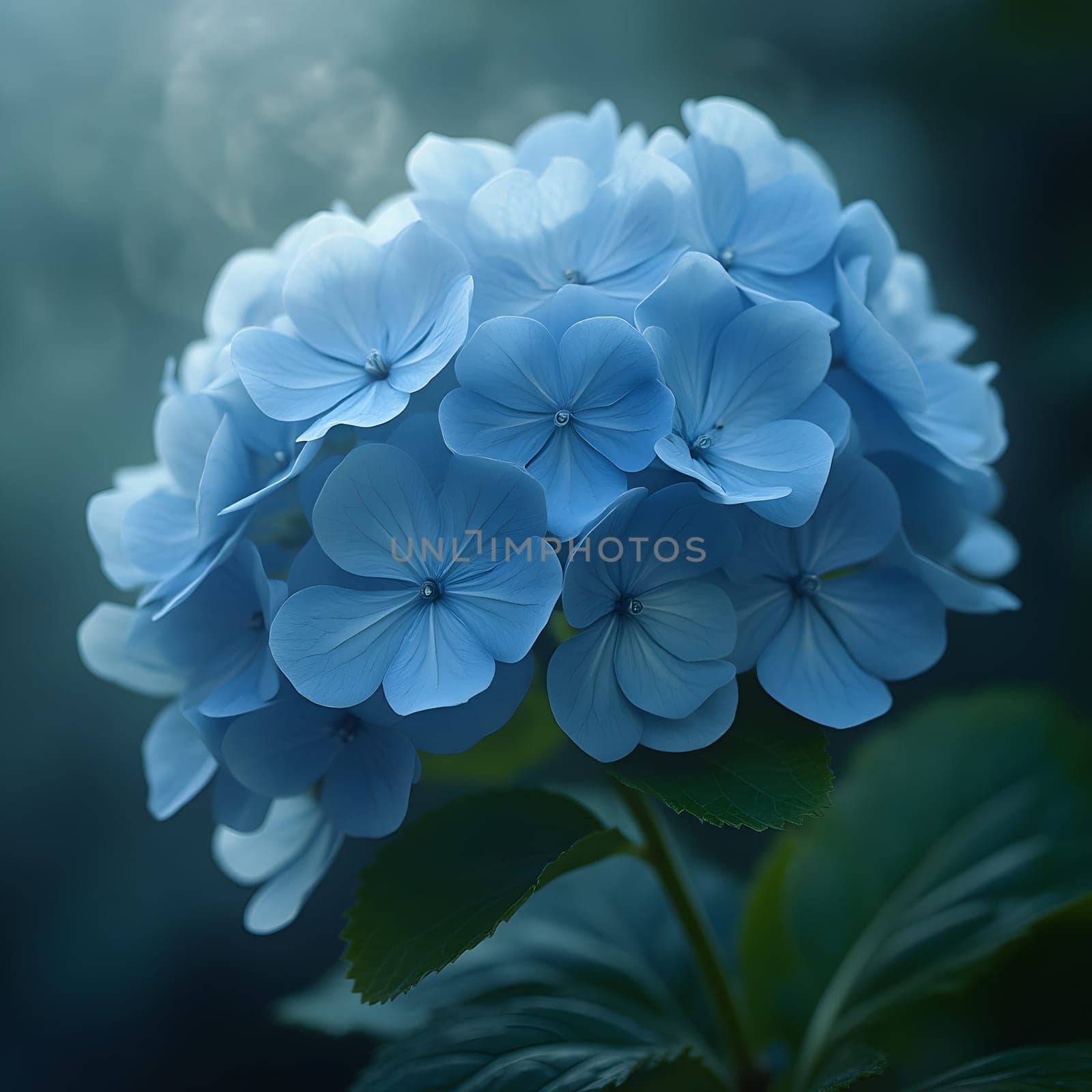 A delicate blue hydrangea bloom gently enveloped by a softly glowing mist, creating an ethereal, serene atmosphere.