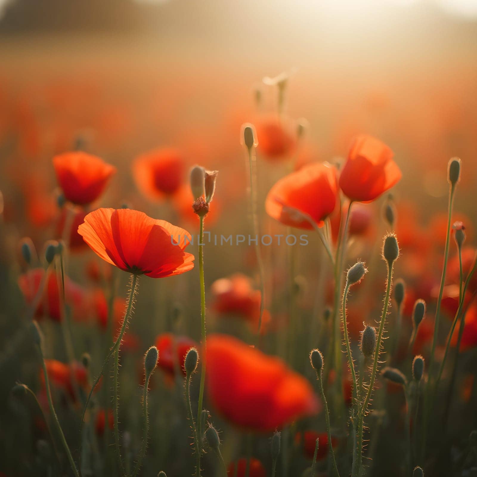 A tranquil field of vibrant red poppies, their vivid hues softened by shallow depth of field and bathed in golden light.