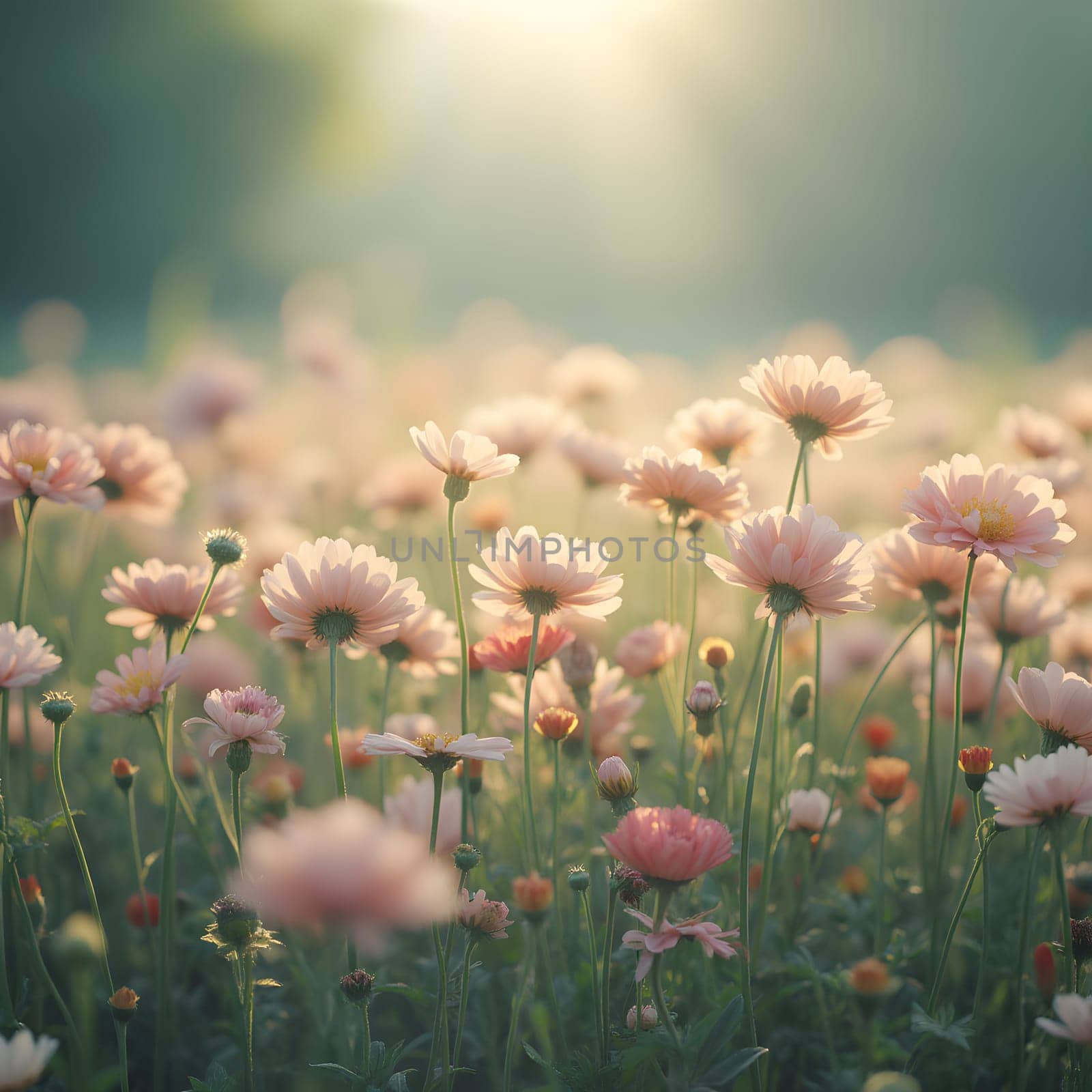 A field of delicate blooming flowers glows softly in pastel hues, bathed in the warm, gentle light of morning.