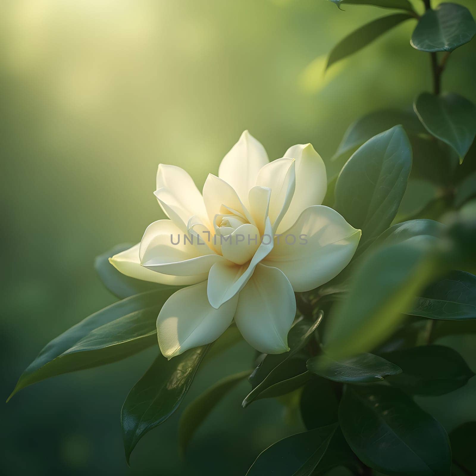 A beautiful gardenia flower bathed in sunlight, with a dreamy green gradient background that enhances its soft, serene beauty.