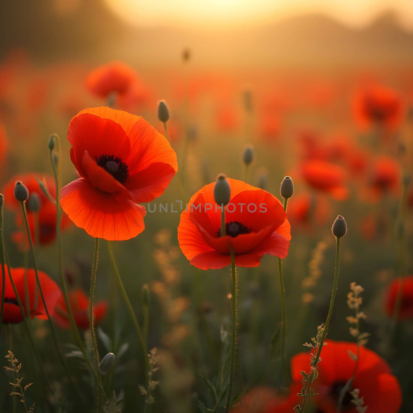 A tranquil field of vibrant red poppies, their vivid hues softened by shallow depth of field and bathed in golden light.