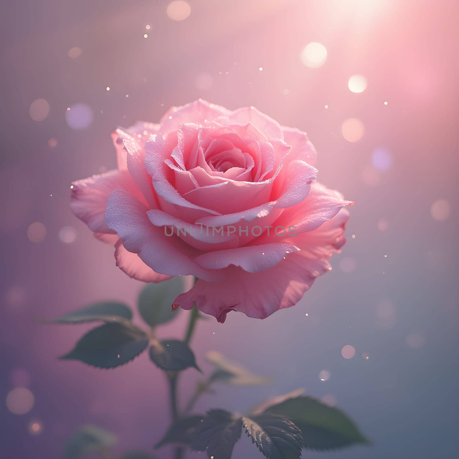 A fully bloomed rose glistens with morning dew, bathed in soft pastel light, creating an ethereal, dreamy, and serene atmosphere.