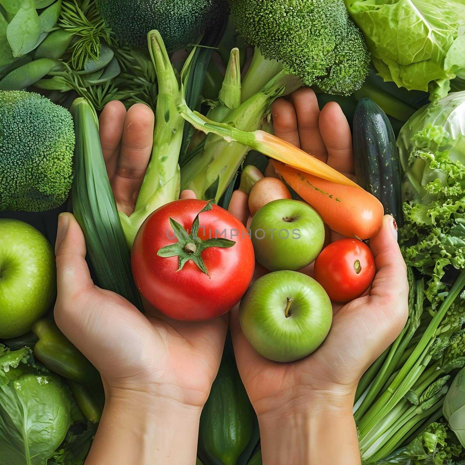 A close-up shot of hands holding an assortment of fresh fruits and vegetables, symbolizing healthy, natural living.