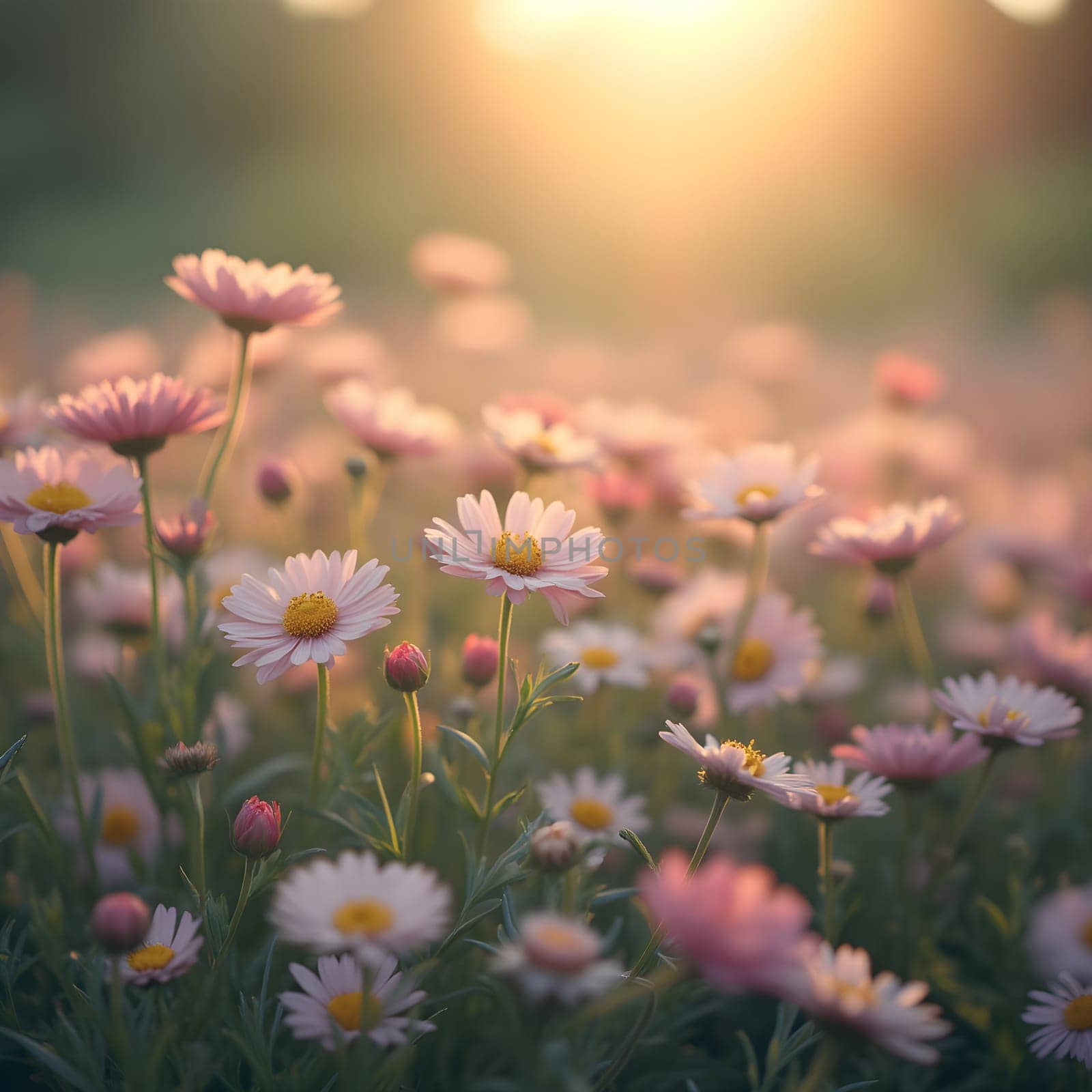 A field of delicate blooming flowers glows softly in pastel hues, bathed in the warm, gentle light of morning.